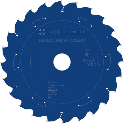 Bosch EXPERT Wood akutoitel töötav 216 mm T24 ringsaeleht.
